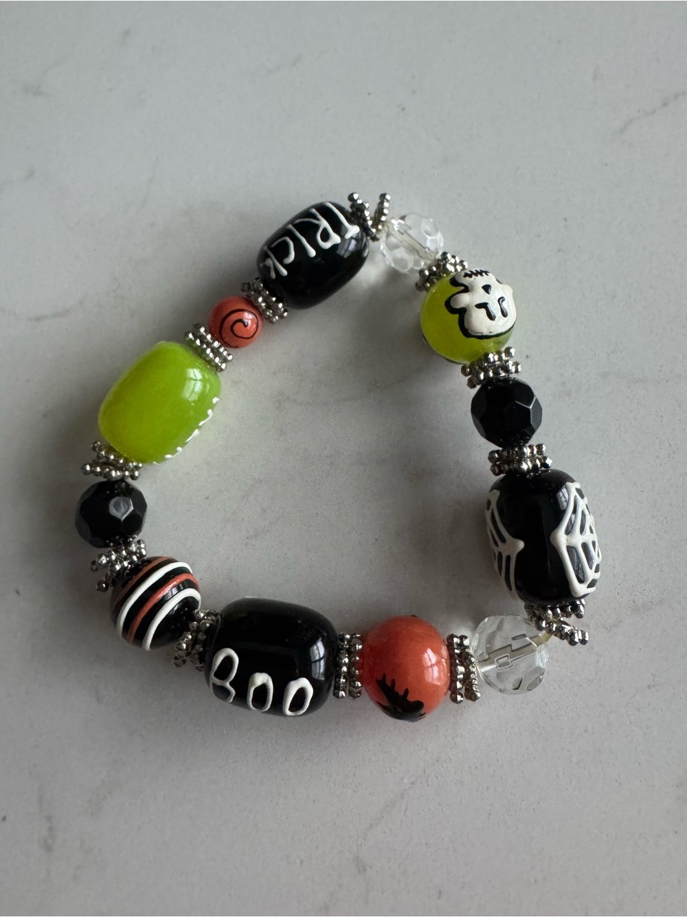 Halloween Black, Lime and Coral Glass Bead Stretch Bracelet